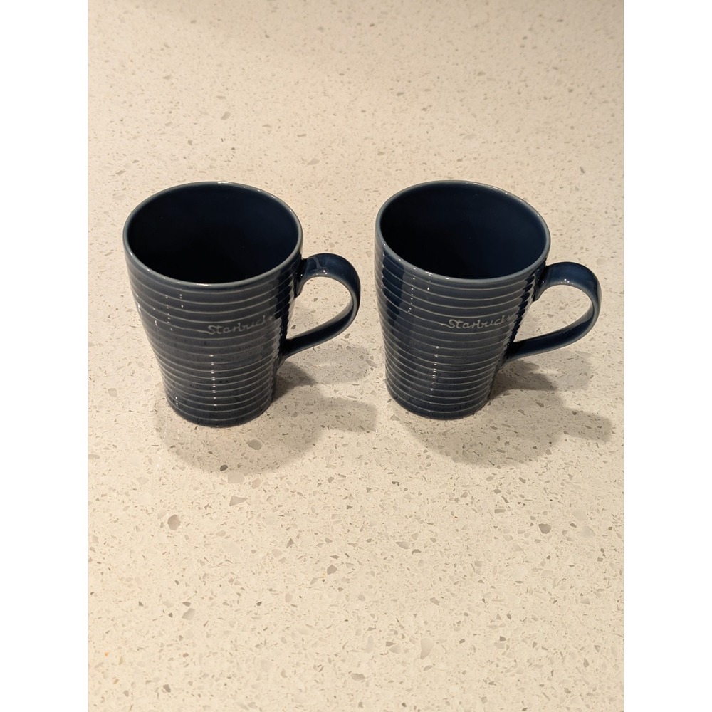 Set Of 2 Starbucks Ceramic Navy Coffee Mugs‎ Stockholm Ribbed Design 12 Oz Cups